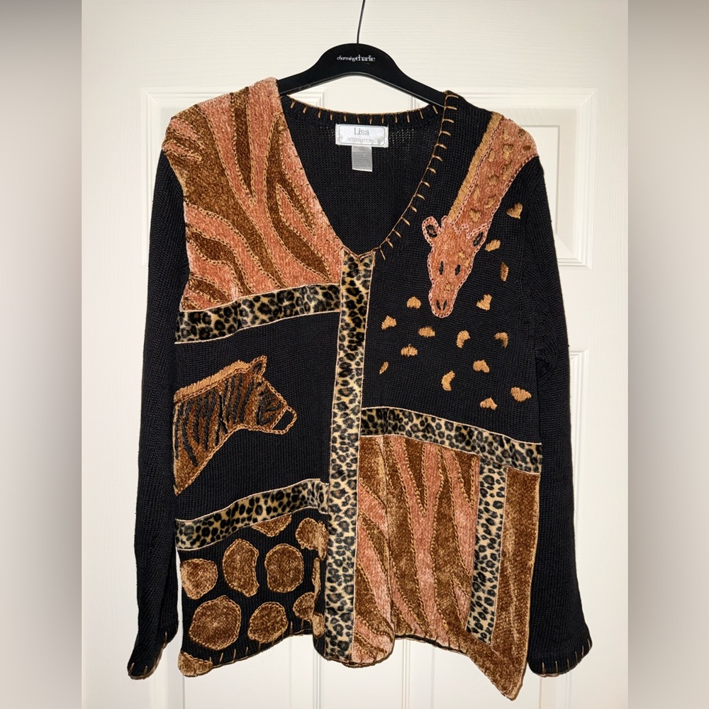 Lisa International V-Neck Sweater - Black and Brown Animal Print